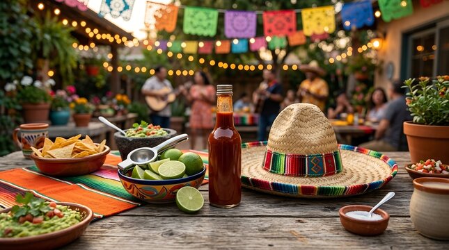 Festive Cinco de Mayo celebration setup featuring traditional Mexican food, colorful decorations, spicy tacos and lime wedges on a vibrant background, perfect for holiday promotion and events.