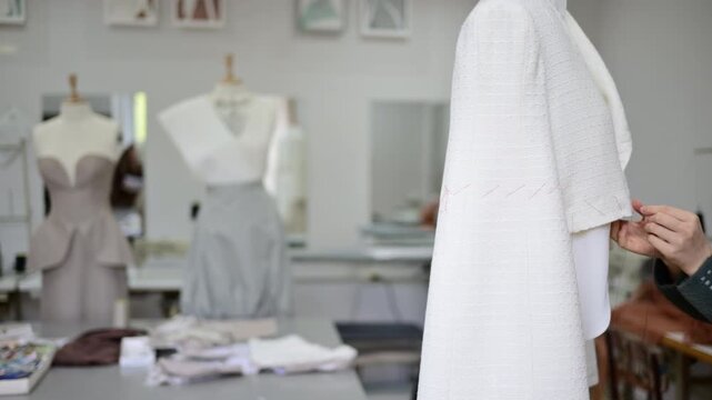 A partially constructed garment pinned on a mannequin, showing structural design work in progress