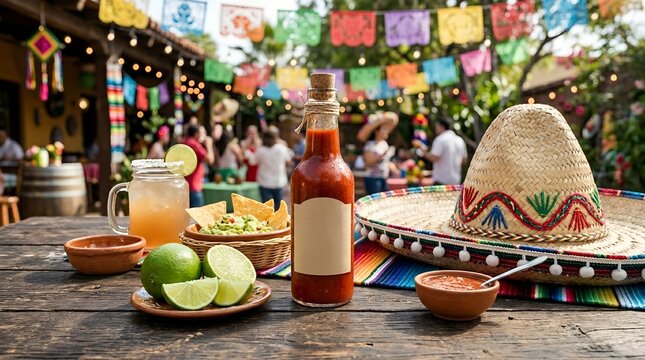 Vibrant Cinco de Mayo celebration setup with traditional Mexican decorations, colorful sombreros, maracas, and spicy chili peppers on a rustic table, festive holiday background for party and fiesta.