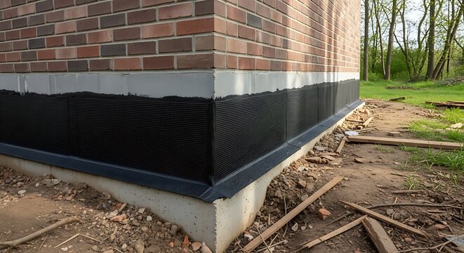 Foundation waterproofing membrane installation on brick building exterior