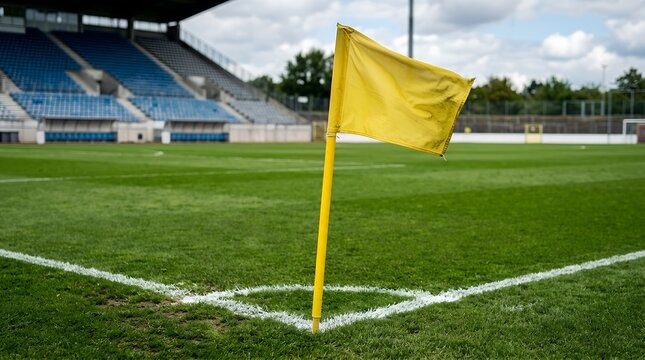 Dynamic close-up of a bright red corner flag fluttering in the wind on a professional green soccer field with a shallow depth of field and blurred stadium seating in the background during a match.