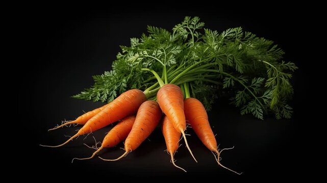 Vibrant orange carrot bunch with leafy green tops dark surface rustic root vegetable produce showcasing fresh garden texture