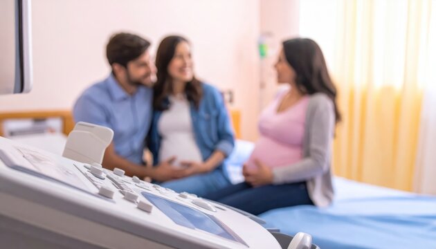 Expectant couple discusses ultrasound results with healthcare provider in a medical clinic examination room.