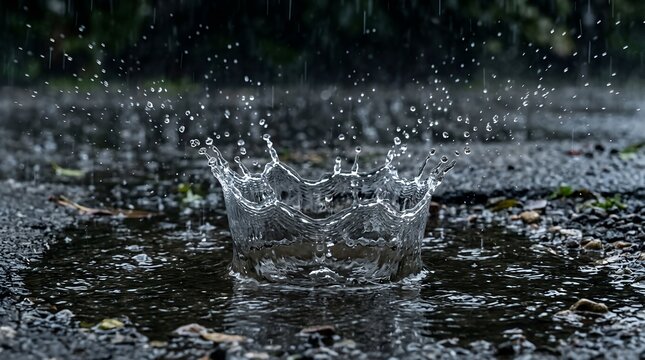 Heavy rain droplets splashing into a deep puddle on a wet asphalt surface, creating intricate circular ripples and watery crown effects during a moody storm, atmospheric outdoor nature photography.