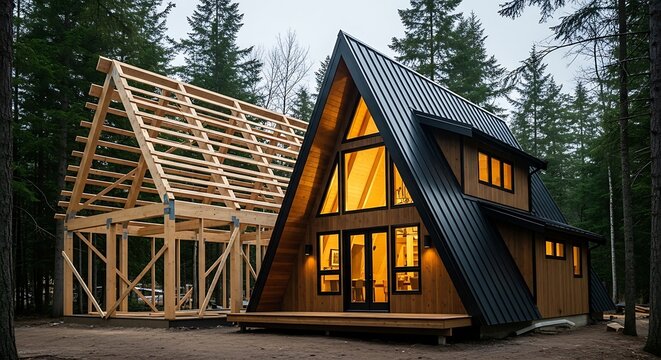 Modern a frame house under construction in forest