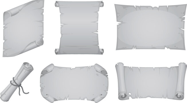 A set of seven different aged paper scrolls and parchment sheets, some rolled and tied, with distressed edges.Collection of Blank Old Parchment Scrolls and Paper Rolls with Torn Edges