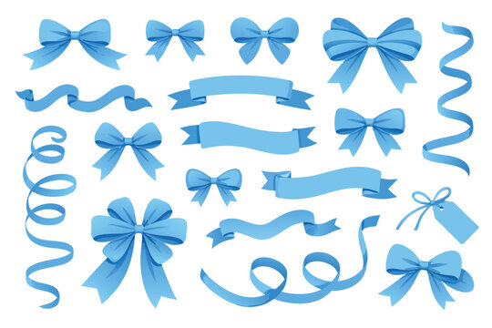 Elegant collection of blue ribbons and bows in various decorative shapes and styles, simple flat vector illustrations for gift wrapping, greeting cards, and celebratory events or party designs.