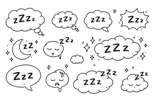 Playful Zzz sleep sound bubble set featuring hand-drawn doodle icons for snoring, napping, and deep slumber in a cloud shape design, perfect for health, wellness, and bedtime relaxation vector art.