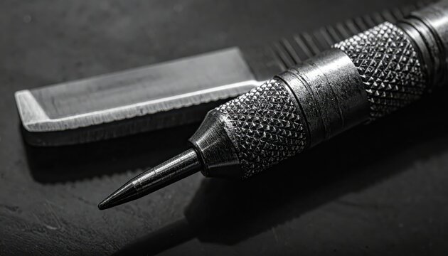 Extreme close-up of a finely textured, knurled metal handle on a precision medical instrument.