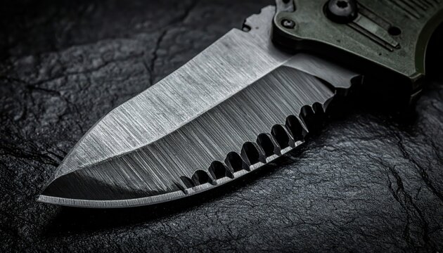 Extreme close-up of a serrated military combat knife blade, showcasing its sharp, rugged texture and tactical design.
