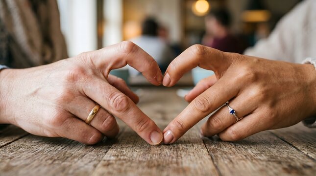 Female friends forming heart shape with hands at wooden table