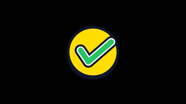 Checkmark icon in yellow circle on black background. Approval, success, or completion symbol for web design and user interface.