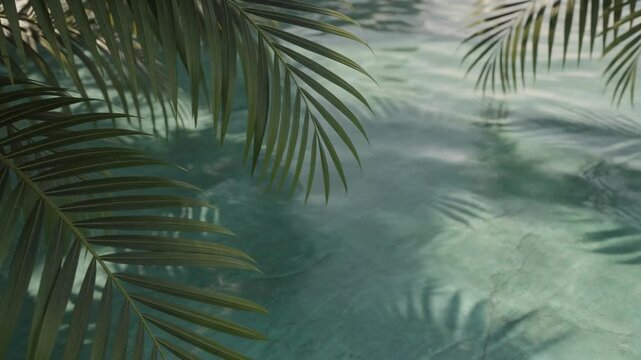 Firefly gentle palm leaf shadows sway over tropical pool water with sunlight casting moving shadows, serene shimmering scene