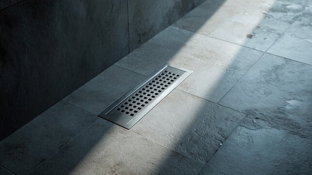 This close up shows a shower drain on the tile floor in a modern bathroom space with natural light