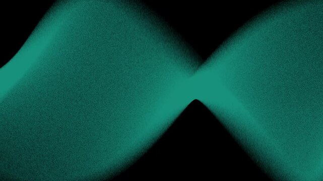 Teal blue holographic twisting three dimensional shape animation, grainy noise particle dust wave