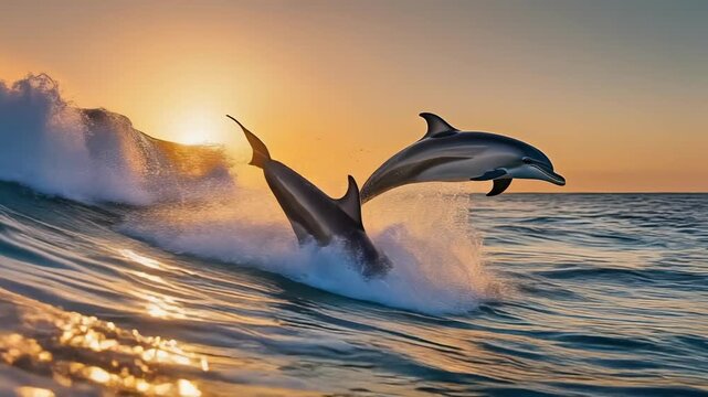 Playful dolphin jump in ocean sunset with golden light, wave sparkle and marine mammal energy expressing joyful motion