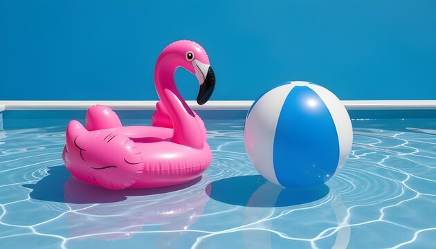 Bright pink inflatable flamingo float and blue beach ball in a swimming pool