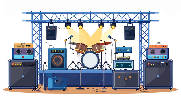 A brightly lit, empty concert stage setup with a complete drum kit, multiple amplifiers, and large speakers, ready for a band's live musical performance