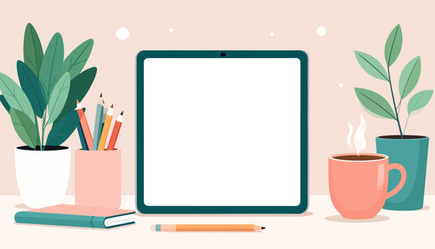 Digital tablet with plants, coffee cup, and stationery items on a desk, perfect for creative projects and remote work