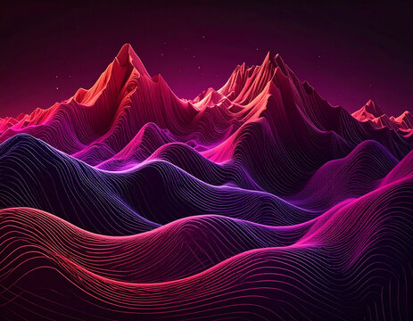 Abstract 6D terrain grid rendering with neon purple wireframe lines representing digital data landscape