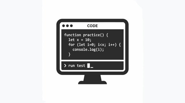 Minimal flat vector icon depicting software development on a computer monitor, illustrating programming code, testing scripts, and a basic coding dashboard interface