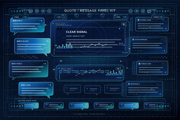 Fototapeta premium Futuristic blue quote and message panel UI kit with glowing speech bubbles, data charts, interface cards, icons, and dark grid background.