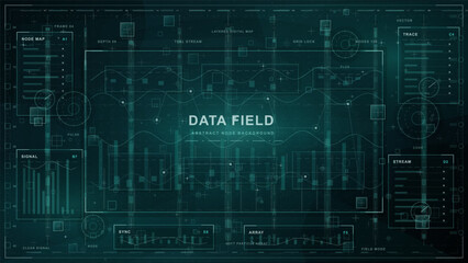 Obraz premium Teal futuristic data field interface background with abstract node map, glowing grid, charts, wave lines, side panels, and dark digital HUD design.