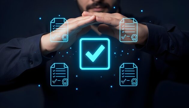 A man protects digital documents with his hands in a security concept