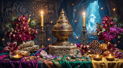 Obraz premium Ornate golden shrine with floral decorations candles and artifacts on green cloth