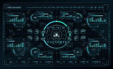 Fototapeta premium Minimal light cyan circuit map interface with open signal field, data panels, node array, charts, and thin tech lines on white background