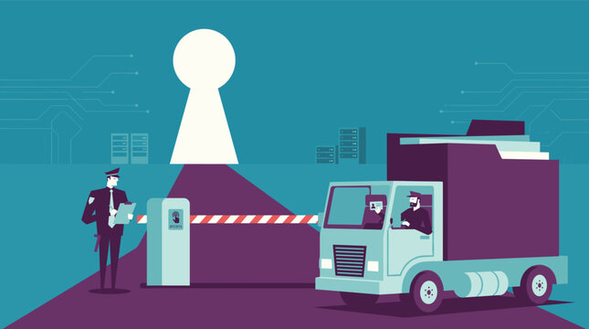A security guard checking a truck driver at a gated checkpoint with a keyhole symbol representing access control and data protection