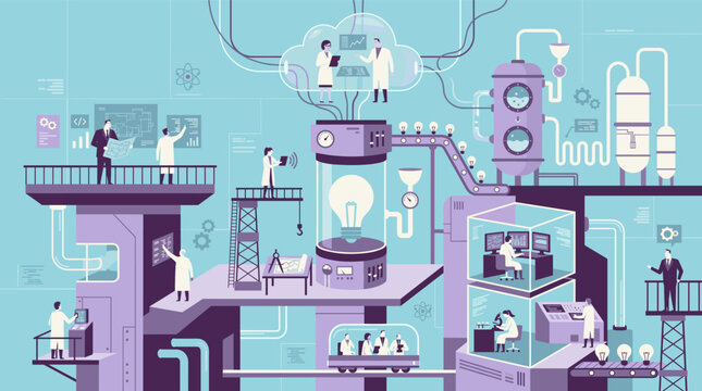 Scientists and engineers working in a complex futuristic research factory producing ideas and innovations through cloud connected technology