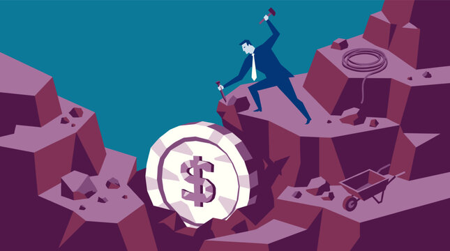 A determined businessman in a suit mining a giant glowing dollar coin from rocky terrain using a hammer and chisel