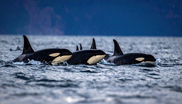 A pod of orcas with distinct black and white markings swims in formation in the deep blue ocean.