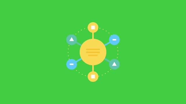 4K UHD motion graphic of an abstract technological neural network or data connection node symbol. Clean flat animation of interconnected circles, isolated on a chroma key green screen background