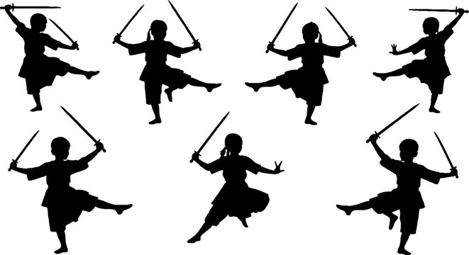 Martial artists in dynamic sword fighting poses