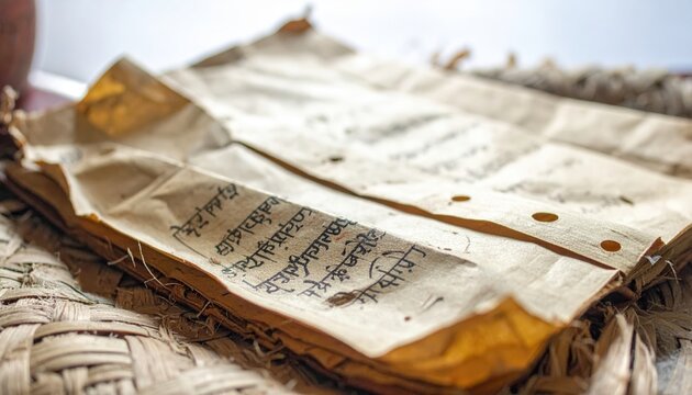 Faded Sanskrit script on a delicate, brittle palm leaf manuscript showcasing ancient Indian knowledge and cultural heritage