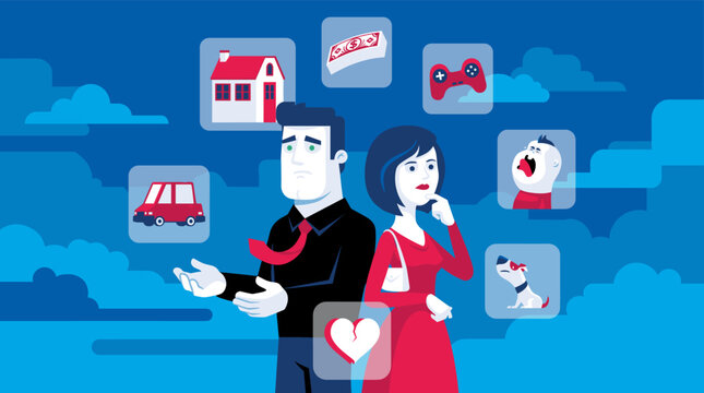 A troubled couple standing back to back surrounded by floating icons of house car money child and dog representing divorce disputes