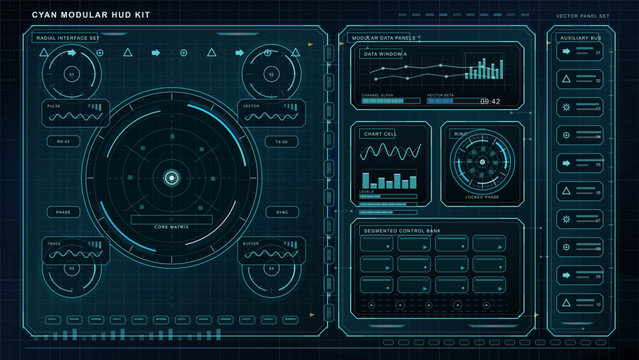 Holographic safety array HUD with biohazard, security, toxic and alert icons, circular scanners, data pods and dark technical grid background