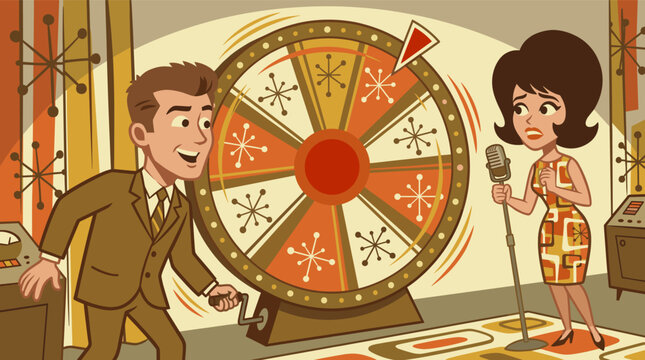 A retro cartoon man excitedly spinning a prize wheel on a vintage game show set while a woman contestant holds a microphone
