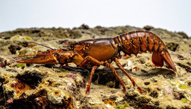A large lobster scuttling sideways across a rocky reef, showcasing its hard exoskeleton and intricate details of marine life in its natural habitat.