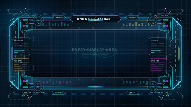 Holographic safety array HUD with biohazard, security, toxic and alert icons, circular scanners, data pods and dark technical grid background
