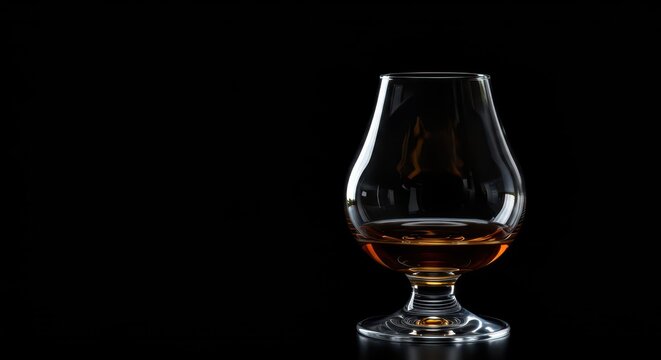 Empty crystal snifter glass ready for fine spirits. Its elegant bulbous shape enhances the aroma and drinking experience of aged liquor, snifter, tasting, aged