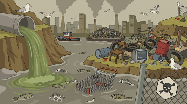 A polluted waterway filled with toxic waste dead fish garbage and industrial smoke showing severe environmental damage and water contamination