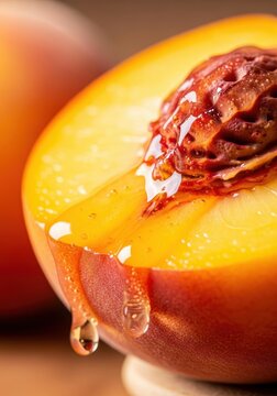 Extreme close-up of a halved, perfectly ripe peach dripping with sticky, sweet nectar. Captures the juicy texture of a summer harvest, bright, macro, sticky