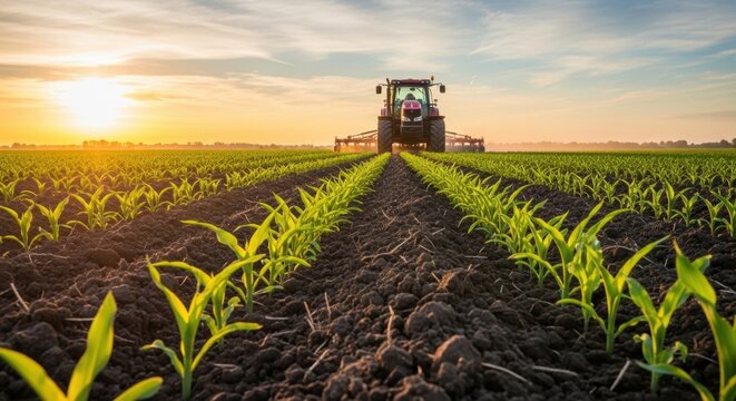 Tractor plowing a vibrant green corn field at sunset with rows of young plants
