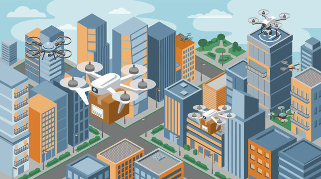 Multiple delivery drones carrying packages flying over a modern isometric smart city with tall buildings streets and rooftop landing pads