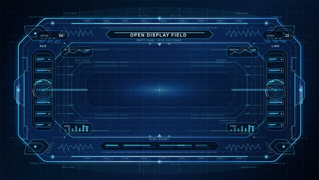 Holographic safety array HUD with biohazard, security, toxic and alert icons, circular scanners, data pods and dark technical grid background
