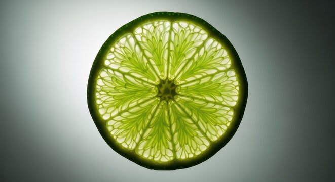 Vivid green cross-section of a fresh citrus lime, perfectly circular, highlighting the segmented pulp and vibrant zest, tropical, crosssection, green
