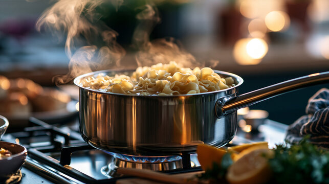 A close up of soft pasta simmers gently in a bright pot on a calm sunlit stove in soft daylight pasta simmer faceless still softly defocused backdrop bright kitchen daylight